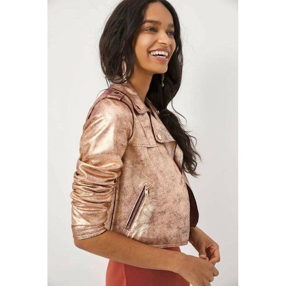 Brisa Metallic Cropped Faux Leather Moto Jacket - Picture 2 of 6